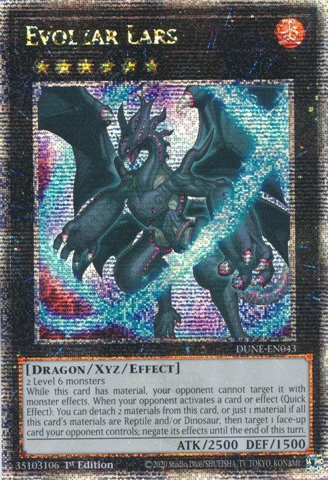 A "Evolzar Lars [DUNE-EN043] Quarter Century Secret Rare" Yu-Gi-Oh! card, classified as an Xyz/Effect Monster, featuring a dark, winged dragon with blue accents on its body and wings, emerging from a cosmic background. This Duelist Nexus card has a Quarter Century Secret Rare holographic foil effect and boasts 2500 ATK and 1500 DEF. Its text box details its