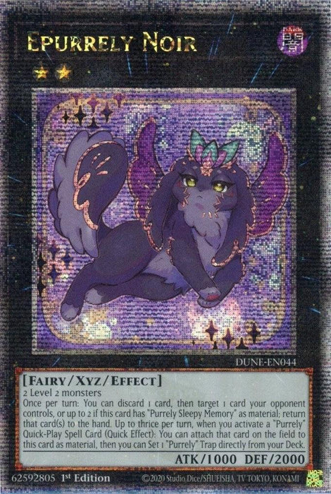 A Yu-Gi-Oh! trading card named "Epurrely Noir [DUNE-EN044] Quarter Century Secret Rare" featuring a fairy/xyz/effect monster. The dark fairy-like creature has star details, a purple color scheme, and is part of the Duelist Nexus. It has 1000 ATK and 2000 DEF with unique abilities. As a Quarter Century Secret Rare, its card number is DUNE-EN044.