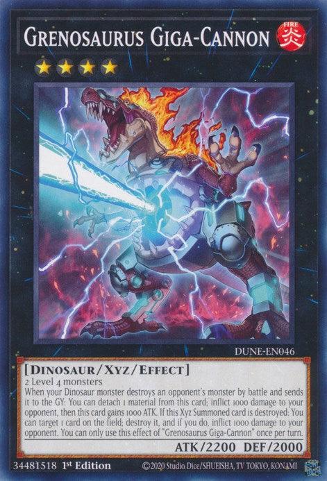 A Yu-Gi-Oh! trading card titled "Grenosaurus Giga-Cannon [DUNE-EN046]" from the Duelist Nexus. The card features a mechanical dinosaur-like Xyz/Effect Monster with glowing energy and cannons. It has 2200 ATK and 2000 DEF, set against a dark background with blue and orange energy flashes. Rarity symbol: Common.