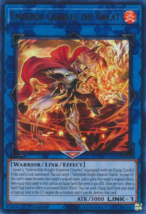 The Yu-Gi-Oh! card, "Emperor Charles the Great [DUNE-EN048] Ultra Rare," showcases a knight in elaborate armor riding a fiery, armored horse, brandishing a glowing sword wreathed in flames. Encased in a blue frame to denote its Link monster status, this Ultra Rare gem from the Duelist Nexus set boasts impressive effects and attributes.