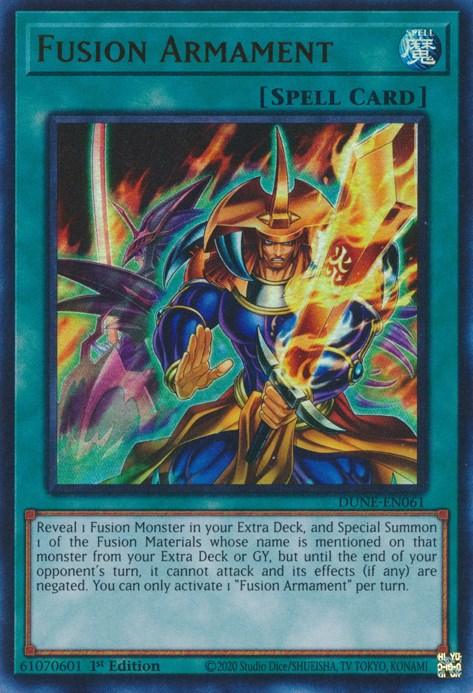A Yu-Gi-Oh! Spell Card titled "Fusion Armament [DUNE-EN061] Ultra Rare" depicts a warrior in blue and gold armor casting a spell. Magical energy surrounds his hands, radiating bright colors. This card is part of the Duelist Nexus set.