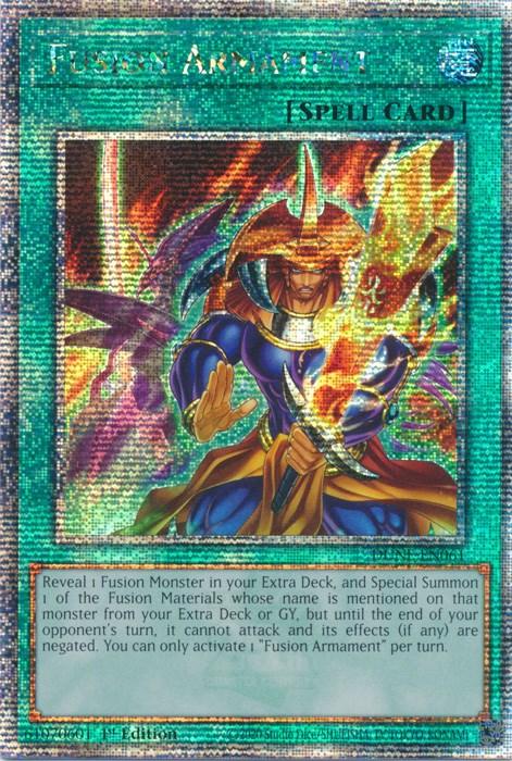 A Yu-Gi-Oh! Spell Card named "Fusion Armament [DUNE-EN061] Quarter Century Secret Rare" with vibrant holographic art. The card features a warrior in blue and gold armor wielding a glowing sword. "[SPELL CARD]" is at the top, with text below providing its effect and Extra Deck usage instructions. This 1st Edition card has an ID of "WC16-EN002".