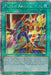 A Yu-Gi-Oh! Spell Card named "Fusion Armament [DUNE-EN061] Quarter Century Secret Rare" with vibrant holographic art. The card features a warrior in blue and gold armor wielding a glowing sword. "[SPELL CARD]" is at the top, with text below providing its effect and Extra Deck usage instructions. This 1st Edition card has an ID of "WC16-EN002".