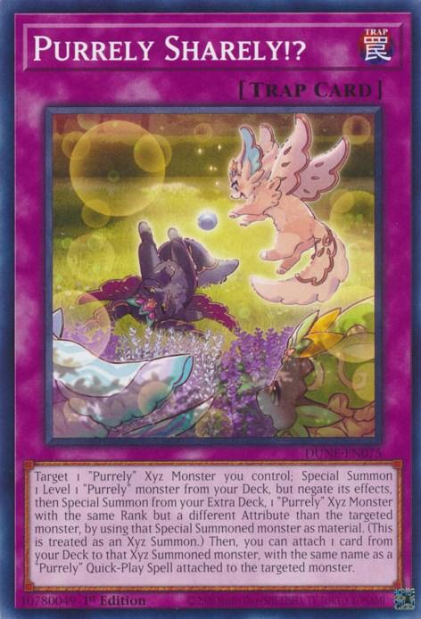 A Yu-Gi-Oh! product titled "Purrely Sharely!? [DUNE-EN075] Common" from the Trap Card category. The card, under the Duelist Nexus series, features three colorful creatures: a winged, cat-like Purrely descending from above, an owl with blue and green feathers, and a dark grey wolf lying below. Text details the card's effects.