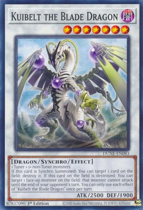 A Yu-Gi-Oh! trading card featuring "Kuibelt the Blade Dragon [DUNE-EN083] Common," a Synchro/Effect Monster from the Duelist Nexus series. The dragon has purple and silver armor with blade-like wings, a long tail, and emits a blue aura. Card stats: Level 7, ATK 2500, DEF 1900. Effect text and card details are displayed underneath