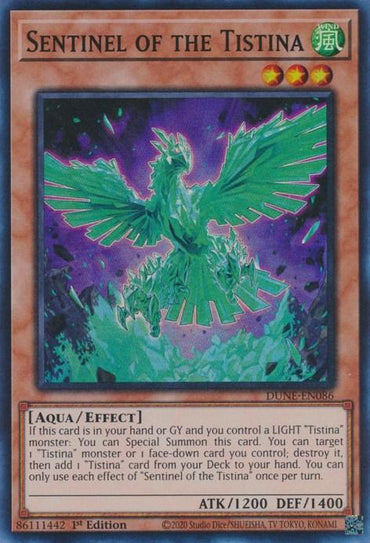 A Yu-Gi-Oh! trading card titled **"Sentinel of the Tistina [DUNE-EN086] Super Rare"** from the Duelist Nexus series. The card features a glowing green, mystical bird-like creature with outstretched wings, surrounded by an aura of green energy. This Aqua/Effect Monster boasts 1200 ATK and 1400 DEF.