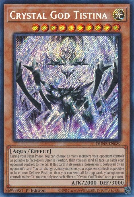 A Crystal God Tistina [DUNE-EN089] Secret Rare Yu-Gi-Oh! trading card intricately showcases a crystalline humanoid figure against a shimmering backdrop. This Secret Rare from the Duelist Nexus set is labeled "Aqua/Effect," with stats ATK/2000 DEF/3000 and detailed effect text below the image. Numbered "DUDE-EN089".