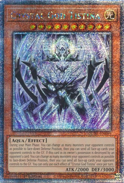 A Yu-Gi-Oh! trading card showing the Crystal God Tistina [DUNE-EN089] Quarter Century Secret Rare. The card features a holographic image of an armored god-like figure with crystalline features and multiple sharp, angular appendages. The card is annotated with game stats and descriptions in small text boxes.