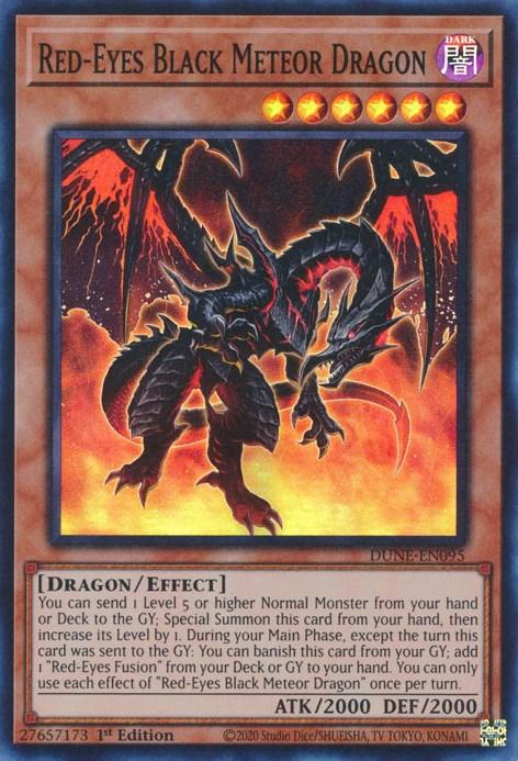 A Yu-Gi-Oh! trading card featuring Red-Eyes Black Meteor Dragon [DUNE-EN095] Super Rare, an Effect Monster. The card shows a dark, menacing dragon with a flaming background. It has 6 stars, a dark attribute, 2000 ATK, and 2000 DEF. Below the image, the card text describes its summoning conditions and its special abilities in Duelist Nexus.