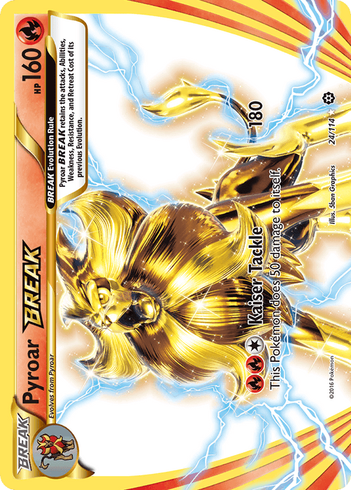 The image shows an Ultra Rare Pokémon trading card from the Steam Siege set featuring "Pyroar BREAK (24/114) [XY: Steam Siege]." The card's design has a golden, stylized Pyroar, a Fire-type evolution of Litleo. The card details include HP 160, "BREAK Evolution Rule," and the attack "Kaiser Tackle" which deals 180 damage but inflicts 50 damage on Pyroar.