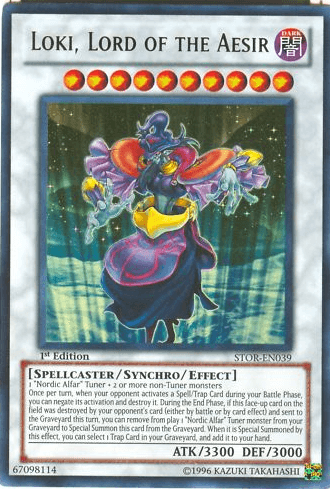 The image showcases the "Loki, Lord of the Aesir [STOR-EN039] Ultra Rare" Yu-Gi-Oh! trading card. As a Synchro/Effect Monster, it features long hair and ornate armor with an aura of glowing orbs. This card includes characteristics like Nordic Alfar Tuner and boasts impressive attack and defense values of 3300 and 3000.