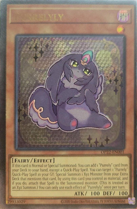 A Yu-Gi-Oh! card titled **Purrelyly [OP22-EN001] Ultimate Rare** with a holographic finish. It features a cute, dark purple cat-like creature with yellow eyes and a fluffy tail adorned with a green ribbon. An Ultimate Rare from OTS Tournament Pack 22, the card displays its type as "Fairy/Effect" and has attack and defense points of 100.
