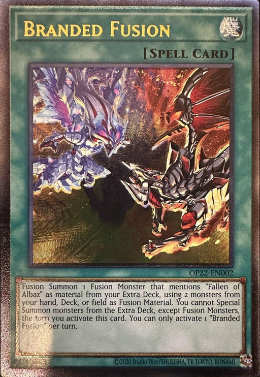 A Yu-Gi-Oh! spell card titled "Branded Fusion [OP22-EN002] Ultimate Rare" features a dramatic scene with two dragons—one white and purple, the other black and red—clashing in an explosion of fiery and magical energy. The Ultimate Rare edition highlights intricate details, making it a must-have for any serious collector.