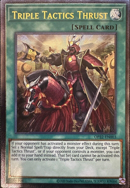 The image displays a Yu-Gi-Oh! Triple Tactics Thrust [OP22-EN003] Ultimate Rare from OTS Tournament Pack 22. It is a Spell Card with number OP22-EN003. The artwork depicts an armored warrior wielding a spear, riding a horse in a dramatic, battle-ready pose. The card text describes its in-game effect and activation conditions.