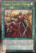 The image displays a Yu-Gi-Oh! Triple Tactics Thrust [OP22-EN003] Ultimate Rare from OTS Tournament Pack 22. It is a Spell Card with number OP22-EN003. The artwork depicts an armored warrior wielding a spear, riding a horse in a dramatic, battle-ready pose. The card text describes its in-game effect and activation conditions.