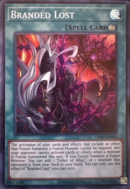 The image shows the "Branded Lost [OP22-EN009] Super Rare" Continuous Spell card from Yu-Gi-Oh! It depicts a dark, swirling void with twisted forms and glowing red symbols. The card has a metallic finish and detailed text explaining its effect, focusing on negation protection for Fusion Monsters and searching "Fallen of Albaz.