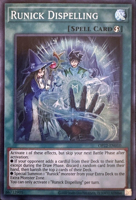 The image displays a "Runick Dispelling [OP22-EN010] Super Rare" Quick-Play Spell Card from the Yu-Gi-Oh! trading card game, featured in OTS Tournament Pack 22. The card depicts two characters in magical attire casting a spell, with mystical energy swirling around an outstretched hand. The text outlines the activation effects and conditions.