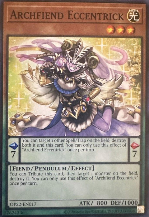 A Yu-Gi-Oh! card titled "Archfiend Eccentrick [OP22-EN017] Common" from OTS Tournament Pack 22, featuring an intricate, spellcaster-like character with purple robes, silver armor, and an ornate staff. This Light attribute Fiend/Pendulum Effect Monster boasts stats of ATK 800 and DEF 1000, with pendulum scales of 7 on both sides.