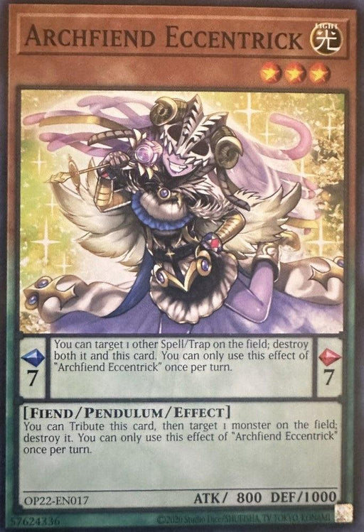 A Yu-Gi-Oh! card titled "Archfiend Eccentrick [OP22-EN017] Common" from OTS Tournament Pack 22, featuring an intricate, spellcaster-like character with purple robes, silver armor, and an ornate staff. This Light attribute Fiend/Pendulum Effect Monster boasts stats of ATK 800 and DEF 1000, with pendulum scales of 7 on both sides.