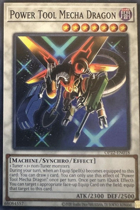 The image features a "Yu-Gi-Oh!" trading card titled "Power Tool Mecha Dragon [OP22-EN018] Common" from the OTS Tournament Pack 22. This Synchro/Effect Monster showcases a mechanical dragon with a sleek, futuristic design, equipped with various tools and gadgets. It boasts an ATK of 2300 and DEF of 2500.