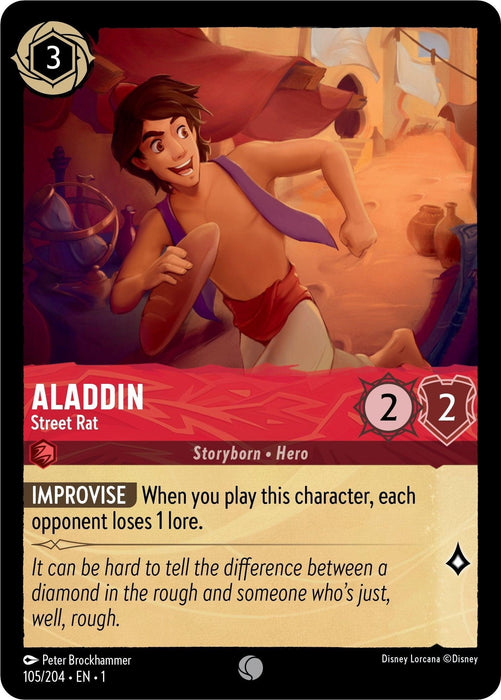 Image of a card from the Disney Lorcana game, part of The First Chapter released on 2023-08-18. Featuring "Aladdin - Street Rat (105/204) [The First Chapter]," the illustration shows him leaping with a determined expression. Attributes include "2 Strength" and "2 Willpower." Text reads, "IMPROVISE: When you play this character, each opponent loses 1 lore."
