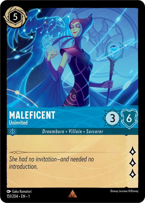 A Rare Disney Maleficent - Uninvited (151/204) [The First Chapter] trading card from the First Chapter depicting Maleficent, labeled as "Uninvited." The card shows Maleficent holding a scepter with glowing blue energy and a dragon projected behind her. She is categorized as Dreamborn, Villain, and Sorcerer, with 3 attack, 6 defense, and a cost of 5.