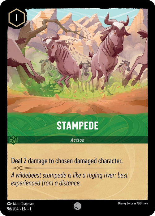 A Disney Lorcana card from The First Chapter titled "Stampede (96/204) [The First Chapter]" featuring an illustration of wildebeest running in a chaotic herd across a dusty landscape. This Common Action card, with a cost of 1, allows you to deal 2 damage to the chosen damaged character. Card number 96/204 - EN - 1.