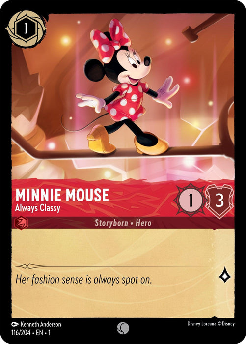 A trading card titled "Minnie Mouse - Always Classy" (116/204) from Disney's *The First Chapter* collection showcases Minnie Mouse in a red polka dot dress and matching bow, waving elegantly. The description of her as a "Storyborn Hero" highlights her impeccable fashion sense. She has a cost value of 1 and strength/defense stats of 1/3.