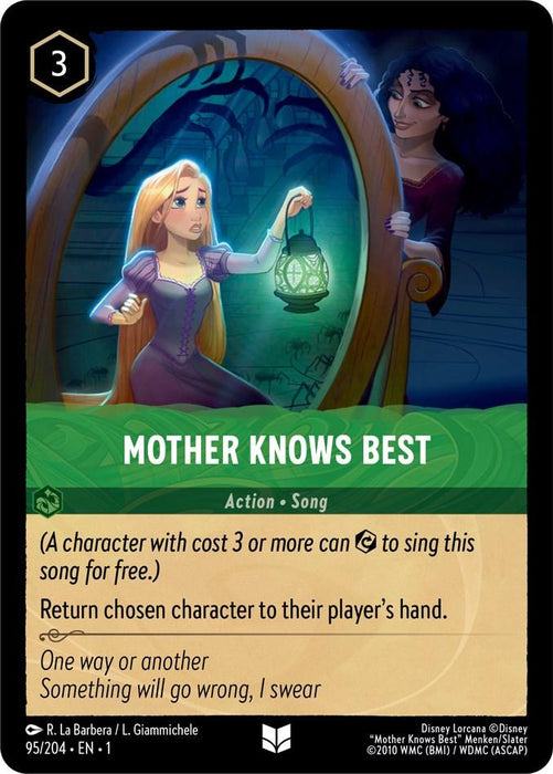 A card titled "Mother Knows Best (95/204) [The First Chapter]" from Disney, featuring Rapunzel holding her hair and looking into a mirror where Mother Gothel appears, reaching towards her ominously. This uncommon card's text and details, including the cost in ink, are provided beneath the artwork.