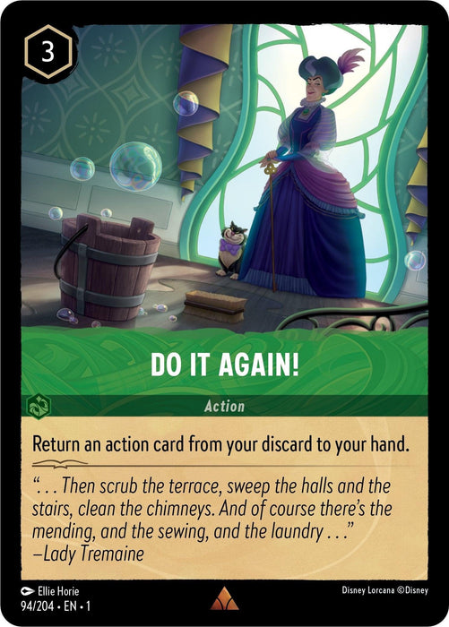A Disney Lorcana card from The First Chapter titled **"Do It Again! (94/204) [The First Chapter]"** featuring Lady Tremaine in a fancy purple dress inside a grand room, standing next to a cat. She holds a cane and has an authoritative posture. This rare action card includes a quote from Lady Tremaine and icons for the card number and other game details.