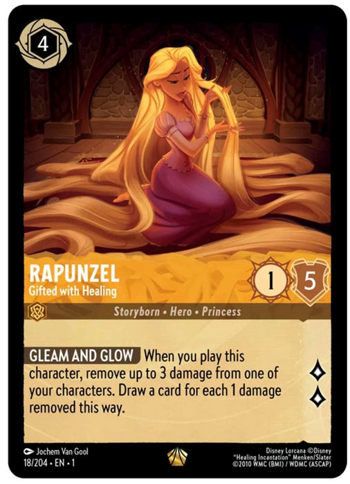 A Rapunzel - Gifted with Healing (18/204) [The First Chapter] card from Disney's trading card game set, The First Chapter. The legendary character is Rapunzel, sitting in a room with long flowing blonde hair, dressed in a purple gown. With stats: cost "4 ink," 1 attack, 5 defense, and the special ability "Gleam and Glow," she is gifted with healing powers that allow for healing and drawing.
