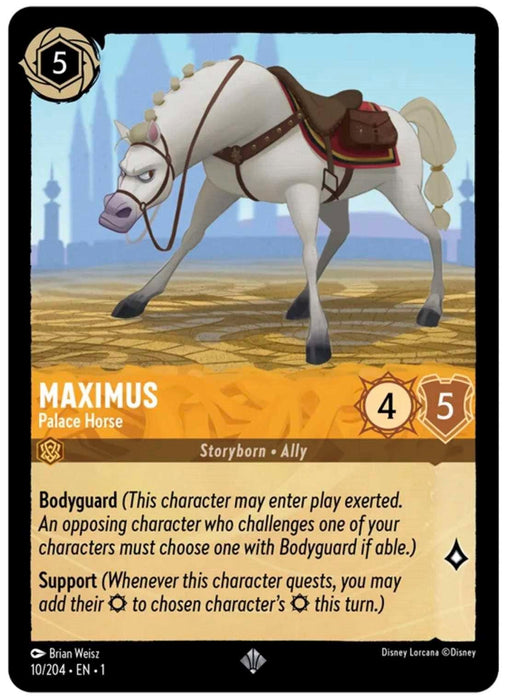 A Disney card featuring "Maximus - Palace Horse (10/204) [The First Chapter]," with a 5 cost, 4 attack, and 5 defense. This Super Rare card boasts Bodyguard and Support abilities and is classified as "Storyborn - Ally." The background displays cracked ground and palace imagery.