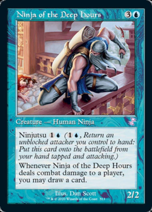 A Magic: The Gathering card titled "Ninja of the Deep Hours (Timeshifted) [Time Spiral Remastered]." The card frame is blue with an illustration of a Human Ninja in a dark robe leaping over a wooden structure. This Time Spiral Remastered card has Ninjutsu and allows drawing a card when it deals combat damage to a player. Its power and toughness are 2/2.
