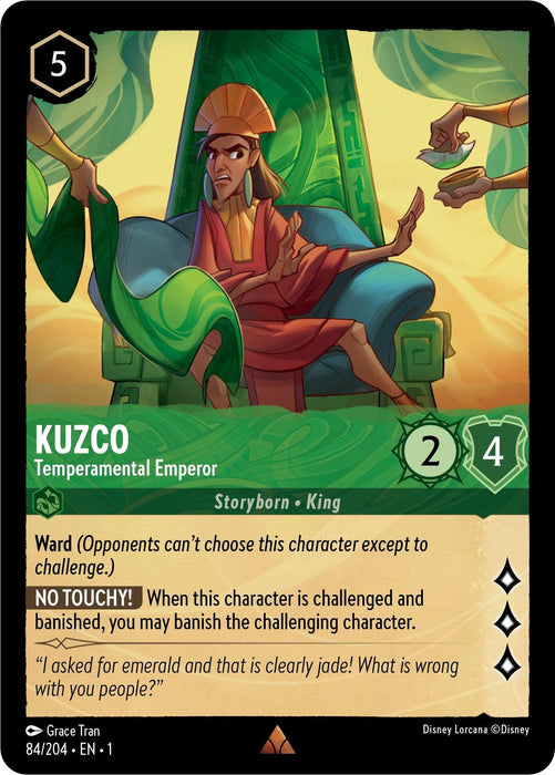 A rare Disney Lorcana trading card depicts Kuzco - Temperamental Emperor (84/204) [The First Chapter], the temperamental emperor from Disney, with a stern expression. He sits on a throne surrounded by large green leaves. The card features his ability "Ward," preventing opponents from directly challenging him. His power and toughness are 2 and 4 respectively.