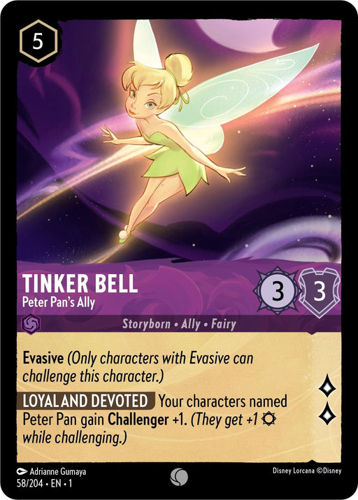 A Disney Tinker Bell - Peter Pan's Ally (58/204) [The First Chapter] trading card from The First Chapter featuring Tinker Bell, Peter Pan's Ally. Costing 5 with stats of 3/3, she boasts "Evasive" and "Loyal and Devoted," granting Peter Pan Challenger +1. She is labeled as a Storyborn Ally Fairy. Text in the bottom corner reads "58/204 - EN-1".