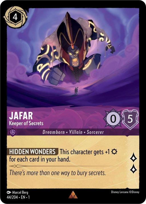 A Disney Jafar - Keeper of Secrets (44/204) [The First Chapter] trading card featuring "Jafar, Keeper of Secrets" with a cost of 4 ink. Jafar is depicted as a menacing sorcerer emerging from a swirling purple mist. This rare card has 0 attack and 5 defense. The ability "HIDDEN WONDERS" boosts attack power for each card in hand.