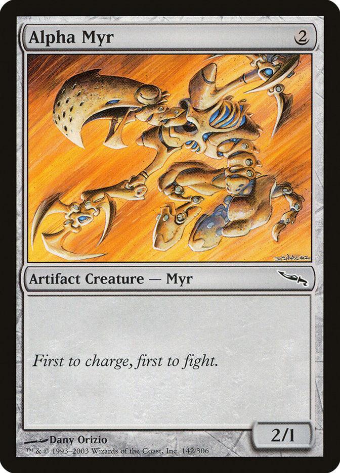 The image displays a Magic: The Gathering card called Alpha Myr [Mirrodin]. This artifact creature card features a power of 2 and toughness of 1, highlighting an illustration of a robotic insect-like Myr in a dynamic pose. The text on the card reads 