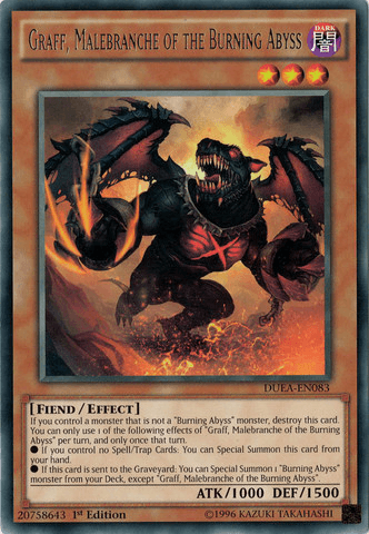 A Yu-Gi-Oh! card from Duelist Alliance, featuring "Graff, Malebranche of the Burning Abyss [DUEA-EN083] Rare." This fiend monster boasts dark, demonic features, wings, and is enveloped in fire. The card text details its summoning conditions. It has 1000 attack points and 1500 defense points.