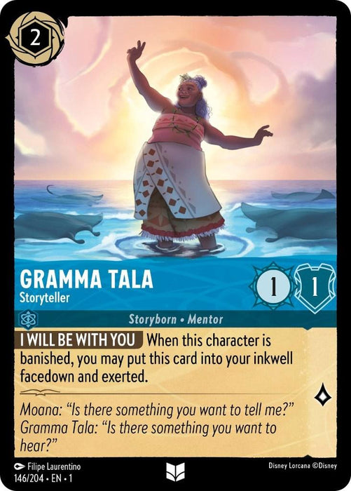 A trading card named "Gramma Tala - Storyteller (146/204) [The First Chapter]" features an illustrated woman joyfully dancing in the ocean, surrounded by waves and golden light. A blue banner highlights her title as a storyteller and mentor in The First Chapter. The card includes game stats and flavor text from Disney's Moana.