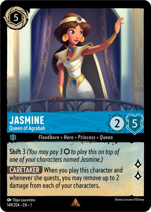 A rare trading card from Disney's The First Chapter depicts Jasmine, the Queen of Agrabah, in royal attire with a white dress and gold jewelry. She stands on a balcony, waving. The card details her powers, including "Shift 3" and "Caretaker." The border highlights her attributes: Floodborn, Hero, Princess, and Queen. This particular card is known as Jasmine - Queen of Agrabah (149/204) [The First Chapter].