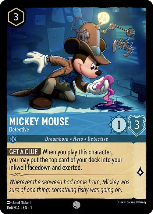 A trading card featuring Mickey Mouse dressed as a detective. He is examining a pink seaweed with a magnifying glass, illuminated by a hanging light bulb. The First Chapter text includes "Mickey Mouse," "Dreamborn • Hero • Detective," character stats "1/3," and the ability "GET A CLUE." This is the Mickey Mouse - Detective (154/204) [The First Chapter] card from Disney.