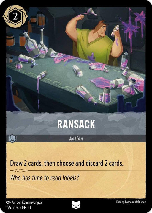 A card from Disney's The First Chapter titled "Ransack (199/204)" shows a muscular man in a green shirt rummaging through a cluttered lab table with various bottles and vials. This uncommon card costs 2 ink and its action reads: "Draw 2 cards, then choose and discard 2 cards." The flavor text says, "Who has time to read labels?