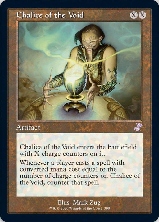 Chalice of the Void (Timeshifted) [Time Spiral Remastered]" from Magic: The Gathering features artwork of a mystical figure in ethereal robes holding a glowing chalice. This artifact card, with a casting cost of XX, enters the battlefield with X charge counters, countering spells with costs equal to those counters.