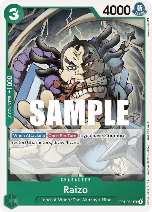 A Raizo (Event Pack Vol. 2) [One Piece Promotion Cards] from Bandai showcases his menacing expression and crossed swords. Clad in purple and brown with wild purple hair, Raizo boasts a counter value of +1000, an attack power of 4000, and special abilities when attacking. This promo card is a must-have for collectors.