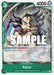A Raizo (Event Pack Vol. 2) [One Piece Promotion Cards] from Bandai showcases his menacing expression and crossed swords. Clad in purple and brown with wild purple hair, Raizo boasts a counter value of +1000, an attack power of 4000, and special abilities when attacking. This promo card is a must-have for collectors.