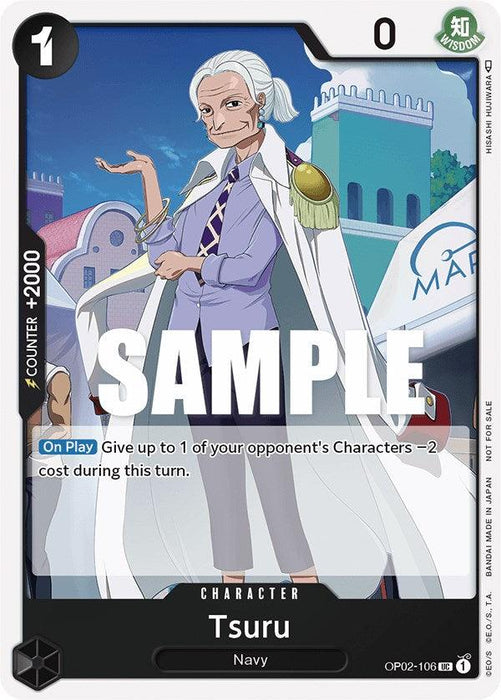 A promo card from the Bandai One Piece Card Game, featuring Tsuru from the Navy. Tsuru is depicted as an elderly woman with gray hair styled in a bun, wearing a white cape, lavender suit, and necklace. The text on this Tsuru (Event Pack Vol. 2) [One Piece Promotion Cards] reads, "On Play: Give up to 1 of your opponent's Characters -2 cost during this turn." The card belongs to the Bandai collection and is included in the Event Pack Vol. 2 series of One Piece Promotion Cards.
