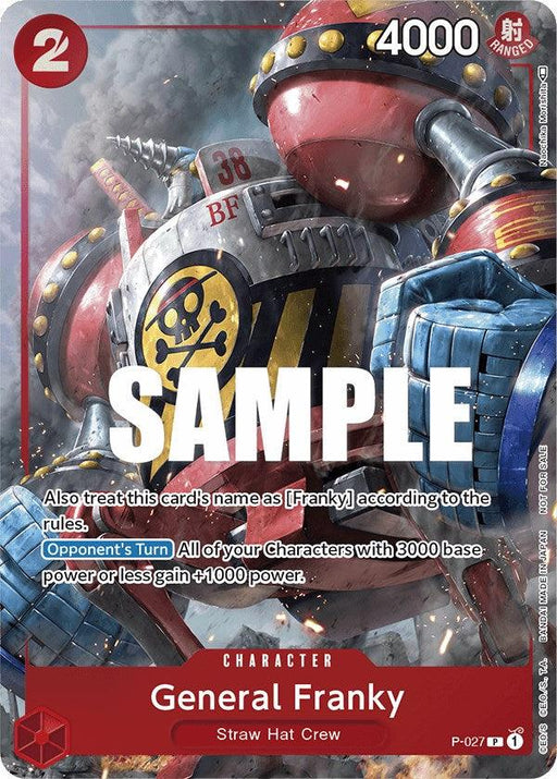 A promo trading card with "SAMPLE" in white text across its center. The card features "General Franky," a large robot adorned with a skull symbol and three cannons. Included attributes: cost "2", power "4000", and text about treating the card's name as "Franky." Part of the General Franky (Event Pack Vol. 2) [One Piece Promotion Cards] series by Bandai.