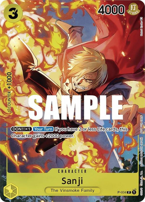 A trading card from the One Piece Promotion Cards series featuring Sanji of the Vinsmoke Family. This dynamic Promo card showcases Sanji surrounded by flames, with a power level of 4000, a cost of 3, and a counter of 1000. The ability boosts power if you have 2 or fewer Life cards. Labeled as P-034 is called Sanji (Event Pack Vol. 2) [One Piece Promotion Cards] from Bandai.