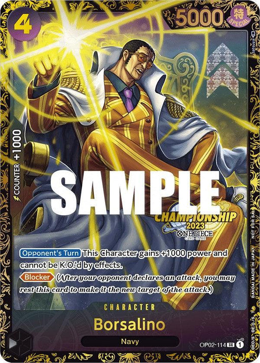 A Bandai Borsalino (Championship 2023) [One Piece Promotion Cards] trading card featuring the character Borsalino from the Navy. The Promo Character Card shows Borsalino in a yellow suit, smiling confidently with a hand on his hip. Part of the One Piece Promotion Cards for the Championship 2023 series, it details his enhanced defense, blocker ability, and immunity to knockout effects.