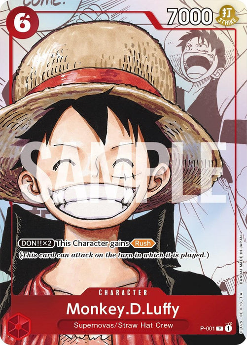 A trading card featuring "Monkey D. Luffy" from the Bandai "One Piece Promotion Cards" series. Luffy is smiling broadly under a straw hat. The card details include "7000" in the top right corner, the number "6" in a red circle in the top left, and text indicating character abilities and affiliations at the bottom. The word "SAMPLE" is watermarked across

Product Name: Monkey.D.Luffy (Alternate Art) [One Piece Promotion Cards]
Brand Name: Bandai